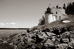 Browns Head Light Over Rocky Shore in Maine -Sepia Tone